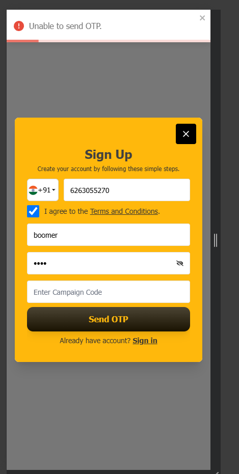Skyexchange registration form screenshot - create new account